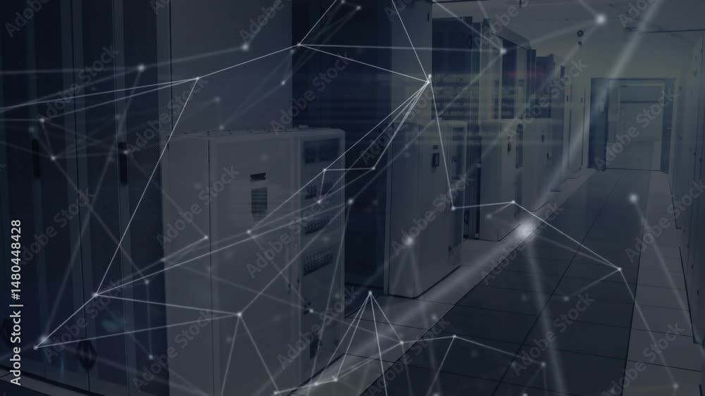 Poster row of server racks showing digital network overlay flowing along corridor in 3d render