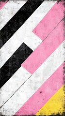 Abstract geometric design with diagonal stripes in black, pink, white and yellow