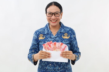 Asian female civil servant shows some money in an envelope