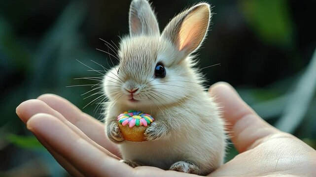 A Little Bunny with a Treat: A charming small rabbit with soft, light-brown fur is held gently in a person's hands, its big eyes and delicate nose fixated on a beautifully adorned cupcake. 