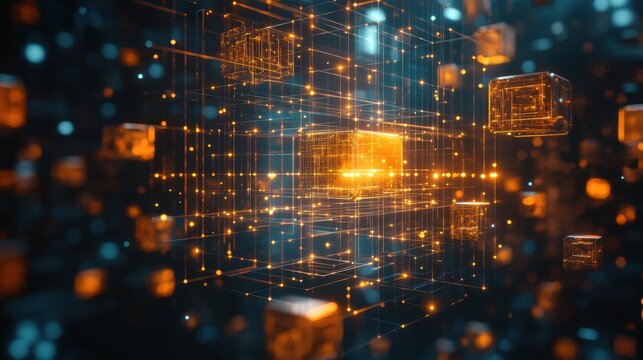 Abstract technology background with glowing cubes connected by lines. Concept of digital data, blockchain, artificial intelligence, and neural networks.