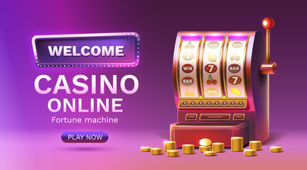 Casino 777 banner slots machine winner, jackpot fortune of luck. Vector illustration