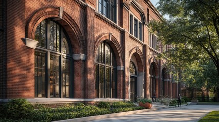 Brick Building Exterior with Arch Windows, Sunlit Walkway