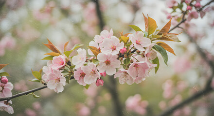 Obraz premium Close-up photo of blooming cherry blossoms in soft lighting, perfect for spring themes, nature visuals, floral backgrounds, romantic designs, and seasonal promotional content