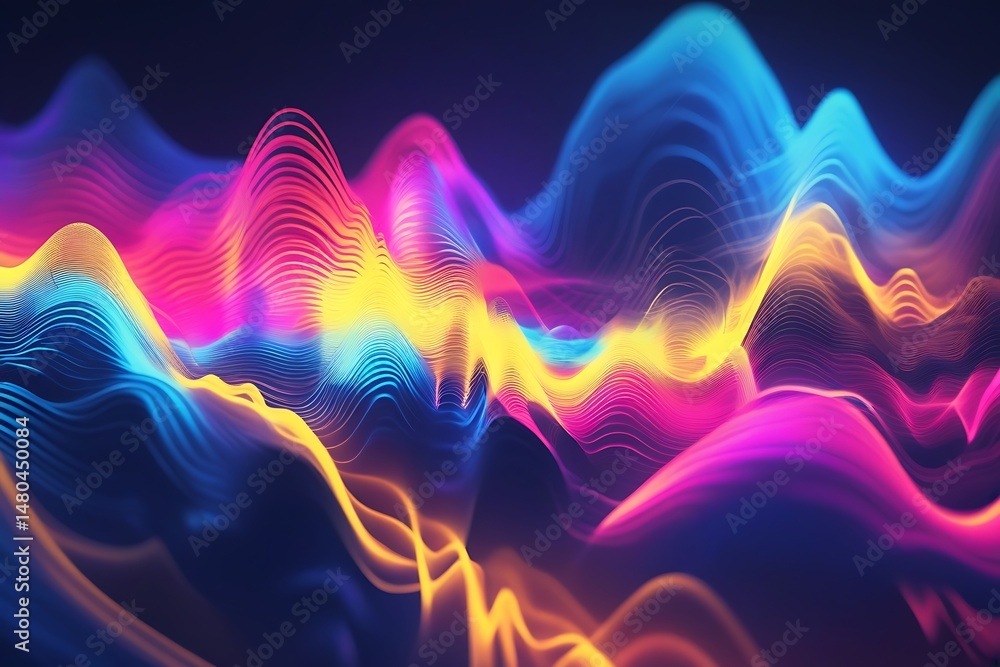 Poster vibrant abstract flowing lines illustration featuring bright neon colors to represent sound waves an
