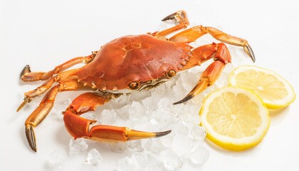 Fresh cooked crab lying on ice with lemon slices