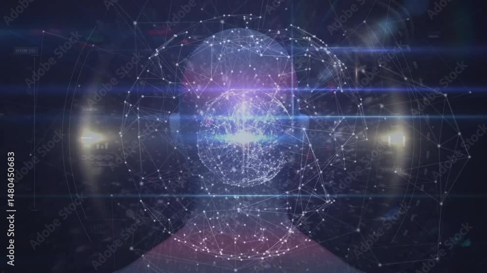 Poster glowing digital network sphere being animated in virtual interface, with mesh and scan lines