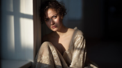 A woman crying quietly by a window with soft light falling on her