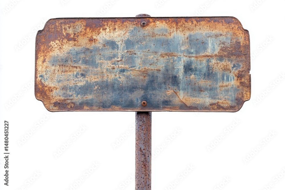 Poster weathered metal sign on post isolated on white background close up shot studio shot blank template e