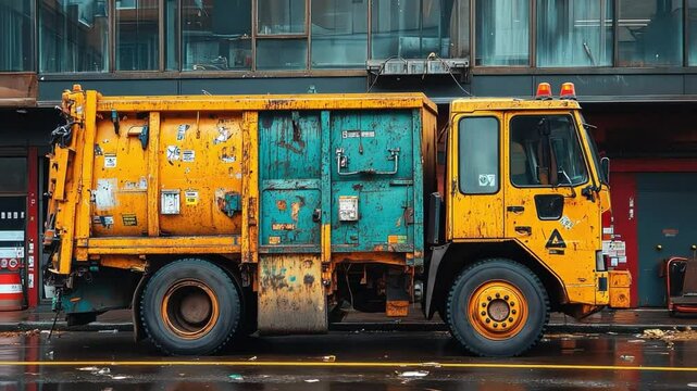 Rusty Garbage Truck on City Street: A weathered, multicolored garbage truck, showing signs of age and wear, sits parked on a rain-slicked city street. The truck's faded paint and rust add character.