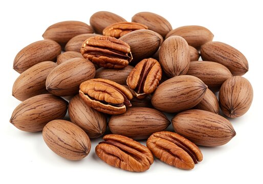 Pile of pecans with some shelled on a white background