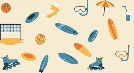 Summer Sports & Leisure Pattern with Surfboards, Rollerblades & Beach Games