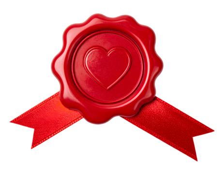  Red wax seal with a heart and ribbon, isolated on a transparent background PNG