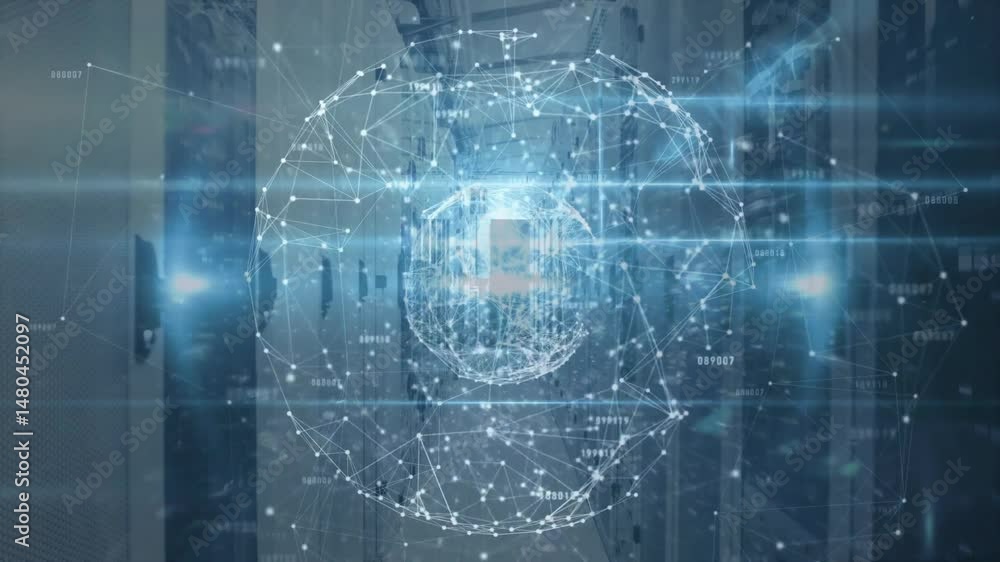 Poster translucent wireframe sphere floating through rack aisle, glowing nodes linking via luminous lines