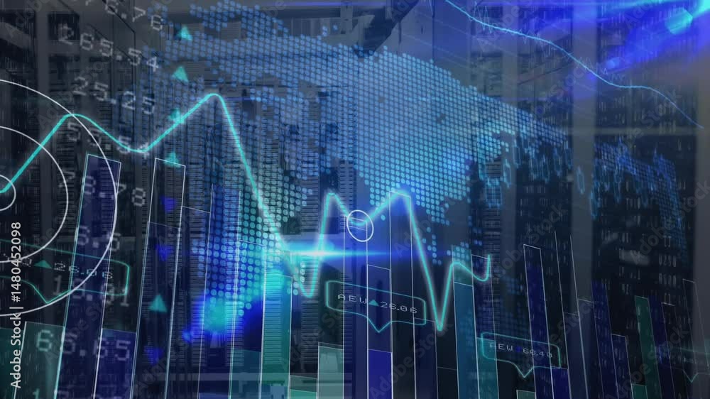 Poster glowing light-blue line graph streaming across data center racks, merging bar charts, binary digits
