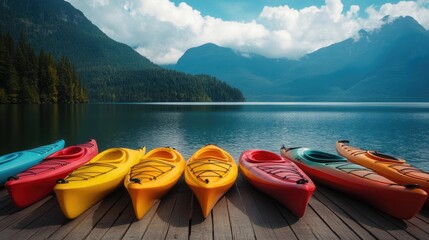 Colorful kayaks lined up on a wooden dock overlooking a serene lake