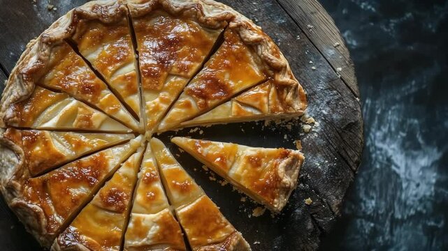 Golden apple pie with a shiny glaze sliced into portions and served on a dark rustic wooden board.