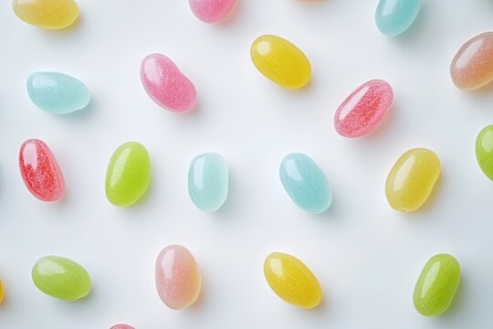 Colorful jelly beans in various shades of pastel arranged on a white background.  Each bean has a smooth, glossy surface and is slightly translucent, showcasing the color from all angles - Powered by Adobe