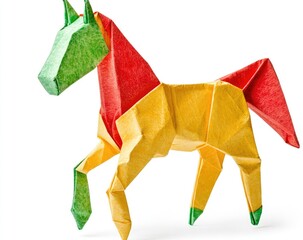 Colorful origami horse, folded from paper in three colors green, red, and yellow.  It's a detailed depiction of a horse in profile view,  with distinct folds creating the animal's form