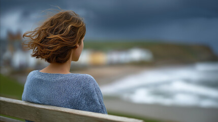 Fototapeta premium A woman gazes at the sea from a cliffside bench