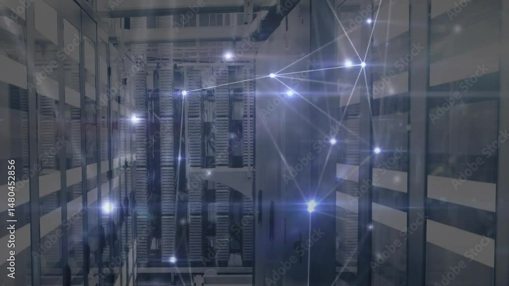 Poster animated illustration showing glowing network nodes streaming data across rows of server racks