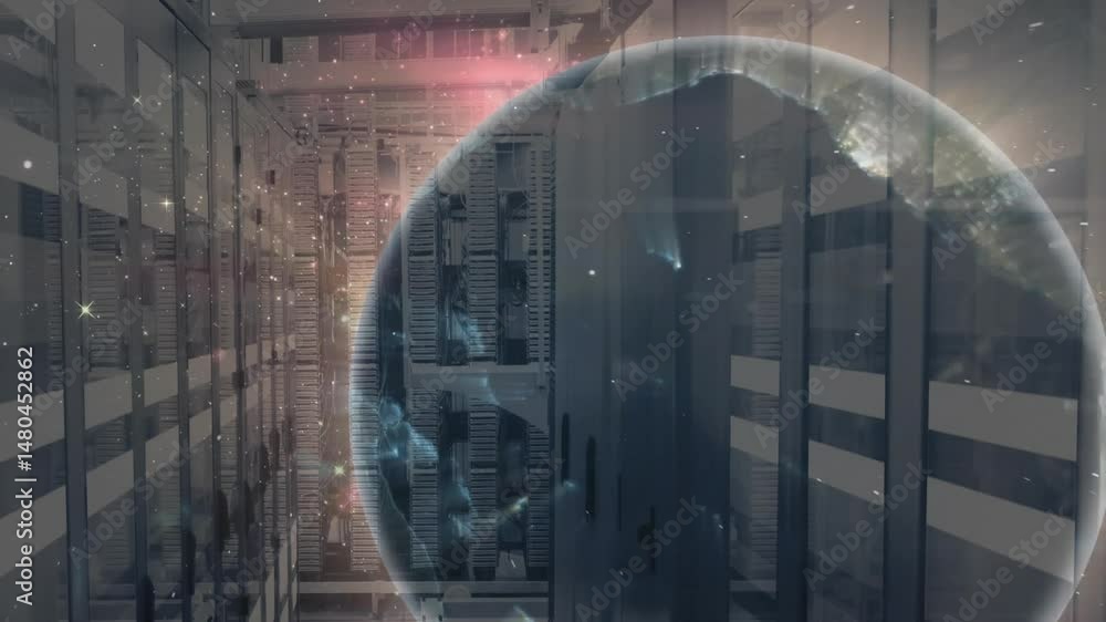 Poster 3d holographic globe floating above server racks, highlighting digital particle network connections