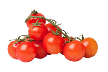 Bunch of fresh red tomatoes on the vine with transparent background