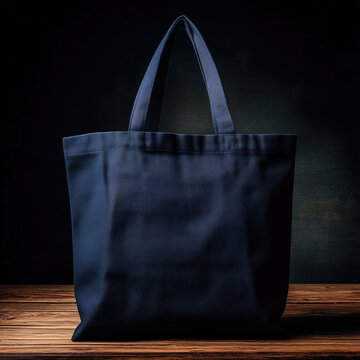 A dark navy tote bag stands on a wooden surface against a dark backdrop