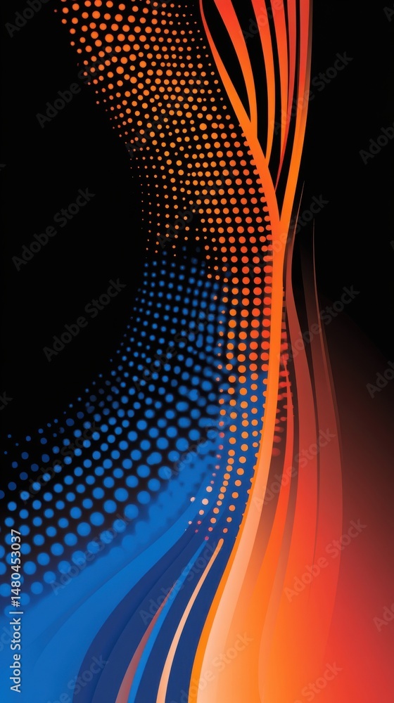 Aufkleber abstract background with dynamic blue and orange halftone dots and flowing lines on black backdrop s