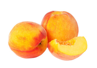 Ripe peaches showing slice on transparent background