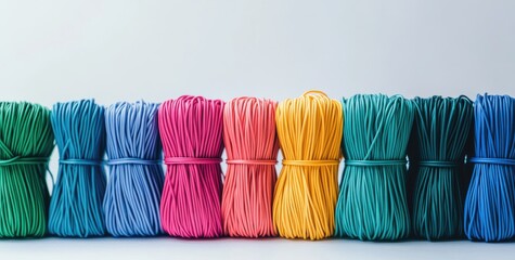 Colorful coiled wires in a spectrum of vibrant hues. Bundled and tied, they lie in a neat horizontal row against a plain background