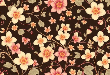 Soft pastel Art Nouveau floral pattern; intricate swirling stems, delicate blossoms, leaves , illustration, soft