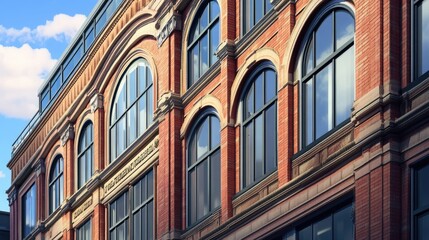 Obraz premium Elegant Brick Building Exterior with Large Windows and Architectural Details