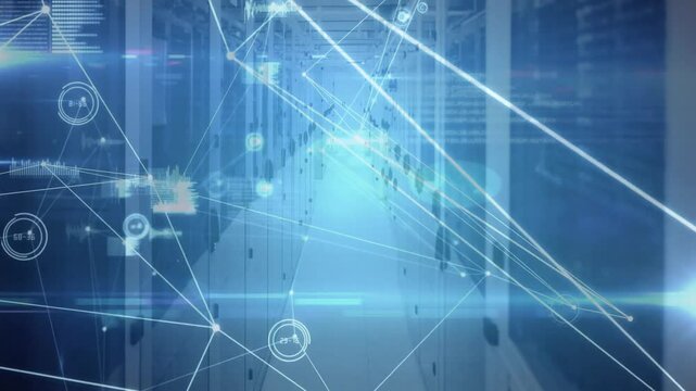 Data center corridor glowing with floating network lines and scrolling code overlays in 3D render