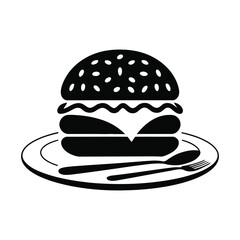 Burger with Spoon and Fork Vector Icon Fast Food Silhouette
