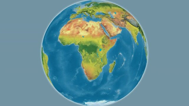 Democratic Republic of the Congo on the globe. Outline. Topographic map. No labels