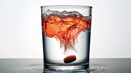 ferrous fumarate tablet in glass of water showing gradual dispersion. Time-lapse sequence from intact tablet to complete solution. solubility test, dissolution process, water interaction, chemical 
