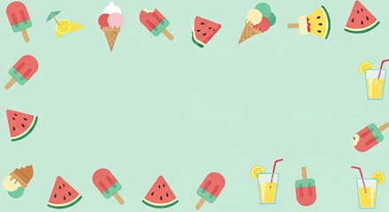 Summer Food and Drink Border with Ice Cream, Watermelon, and Juice – Blank Background Template