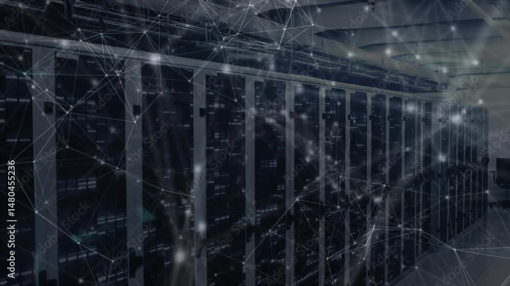 Poster displaying glowing server racks sliding through room, connecting data flows in flat design