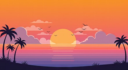 Tropical Sunset Beach with Palm Trees and Ocean View – Summer Vibes Illustration