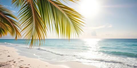 Fototapeta premium Sun-drenched palm leaves arch over pristine white sand, gentle waves lap the shore, seascape, sand