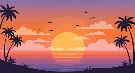 Tropical Sunset Beach with Palm Trees and Ocean View – Summer Vibes Illustration