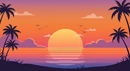 Tropical Sunset Beach with Palm Trees and Ocean View &ndash; Summer Vibes Illustration