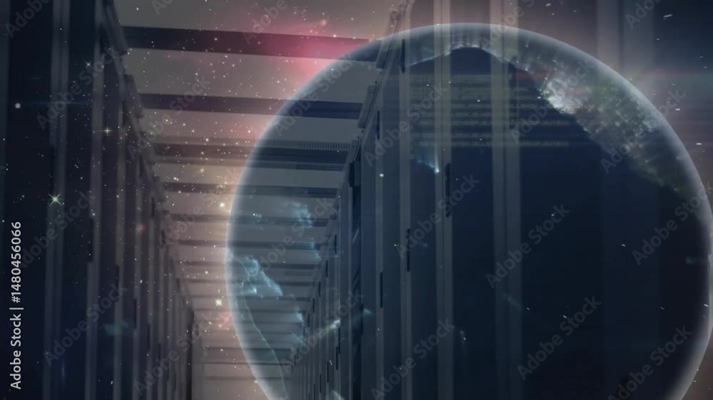 Poster holographic globe of earth being projected in data corridor, with server racks and network trails