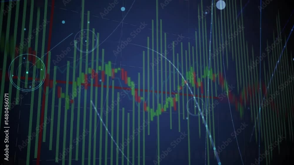 Poster digital financial chart displaying fluctuating data on dashboard, showing bars, candlesticks, beams