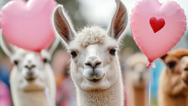 Cute llamas with heart-shaped balloons for romantic celebration