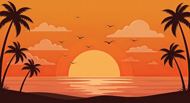Tropical Sunset Beach with Palm Trees and Ocean View &ndash; Summer Vibes Illustration