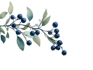 Branch with blue berries and leaves against white background.  Delicate branch with clusters of dark blue berries and light green leaves