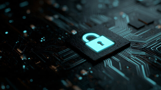 Futuristic Digital Padlock on Circuit Board Background
