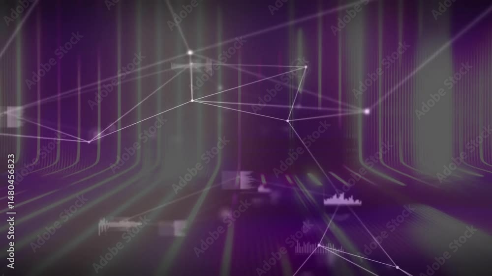 Aufkleber floating white nodes and lines pulsing over purple gradient background with data icons
